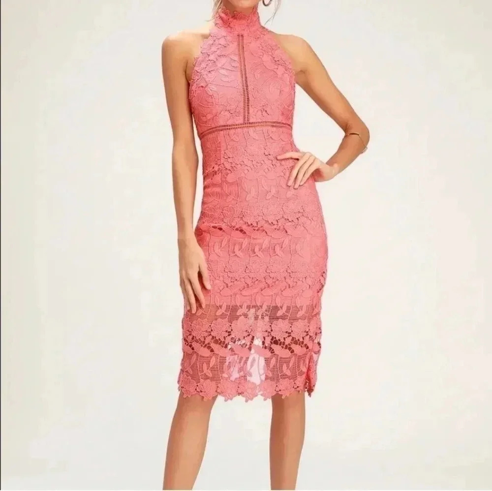 Bardot Noni Coral Pink Lace Halter BarbieCore Midi Dress(10)L NWT